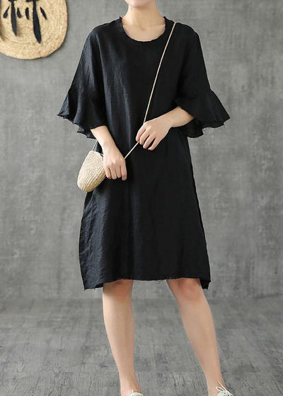 Vivid black cotton linen dresses o neck Petal Sleeve baggy Dress - bagstylebliss