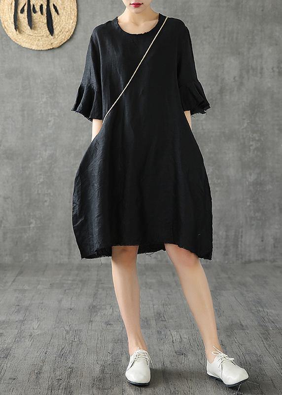 Vivid black cotton linen dresses o neck Petal Sleeve baggy Dress - bagstylebliss