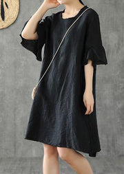 Vivid black cotton linen dresses o neck Petal Sleeve baggy Dress - bagstylebliss