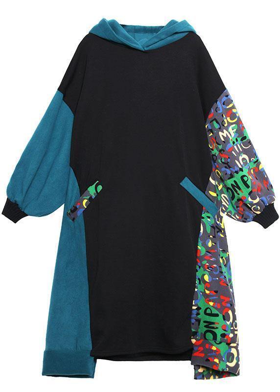 Vivid black cotton quilting clothes hooded patchwork print Traveling Dresses - bagstylebliss