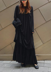 Vivid black cotton quilting dresses o neck Batwing Sleeve Kaftan summer Dress - bagstylebliss