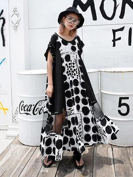 Vivid black dotted cotton Long Shirts o neck patchwork Maxi Dresses - bagstylebliss