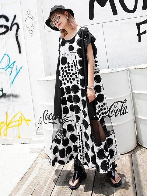 Vivid black dotted cotton Long Shirts o neck patchwork Maxi Dresses - bagstylebliss