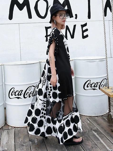 Vivid black dotted cotton Long Shirts o neck patchwork Maxi Dresses - bagstylebliss