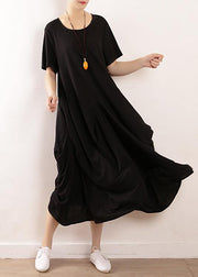 Vivid black linen cotton Robes asymmetric summer Dresses - bagstylebliss