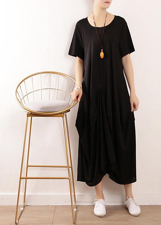 Vivid black linen cotton Robes asymmetric summer Dresses - bagstylebliss