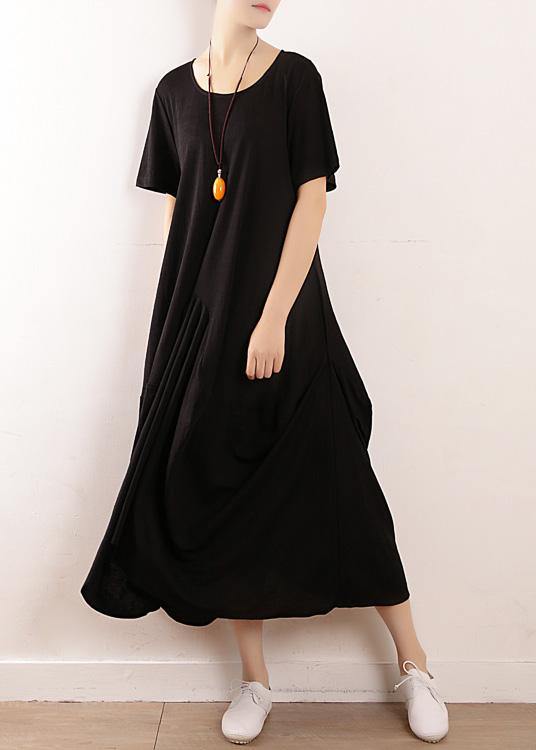 Vivid black linen cotton Robes asymmetric summer Dresses - bagstylebliss