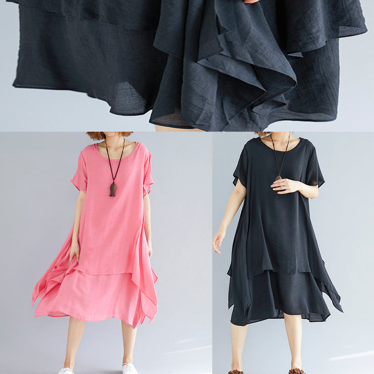 Vivid black linen-cotton tunics for women plus size Fabrics o neck asymmetric oversized Summer Dress