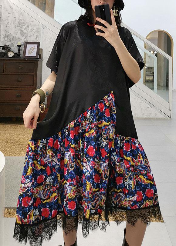 Vivid black patchwork prints cotton clothes Chinese Button summer Dress - bagstylebliss