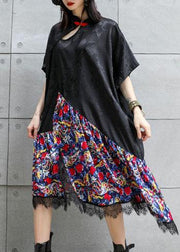 Vivid black patchwork prints cotton clothes Chinese Button summer Dress - bagstylebliss