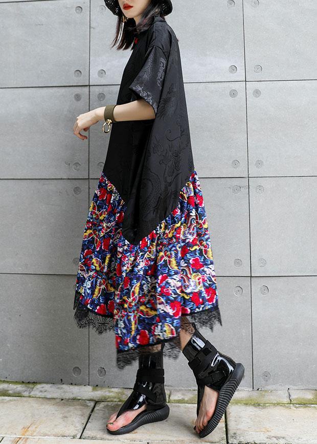 Vivid black patchwork prints cotton clothes Chinese Button summer Dress - bagstylebliss