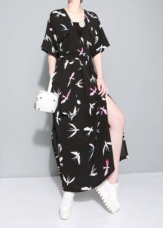 Vivid black prints chiffon clothes side open Traveling summer Dresses - bagstylebliss