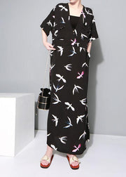 Vivid black prints chiffon clothes side open Traveling summer Dresses - bagstylebliss