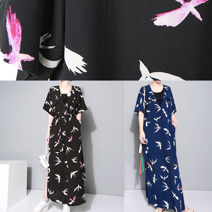 Vivid black prints chiffon clothes side open Traveling summer Dresses - bagstylebliss