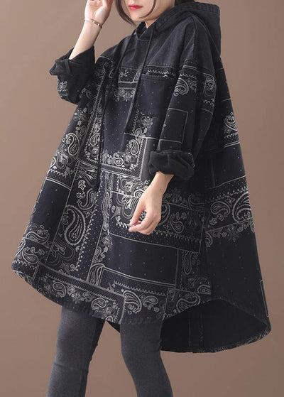 Vivid black thick Cotton quilting clothes hooded short patchwork Dresses - bagstylebliss