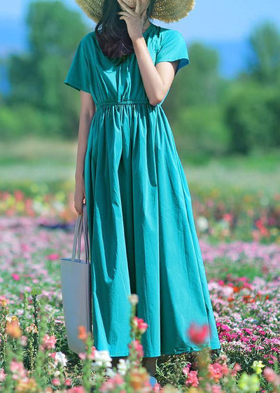 Vivid blue cotton tunic top o neck drawstring long summer Dress - bagstylebliss