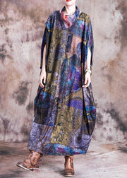 Vivid blue print cotton dress o neck Batwing Sleeve Maxi fall Dress - bagstylebliss