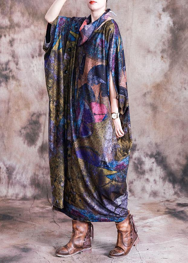 Vivid blue print cotton dress o neck Batwing Sleeve Maxi fall Dress - bagstylebliss