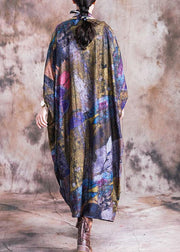 Vivid blue print cotton dress o neck Batwing Sleeve Maxi fall Dress - bagstylebliss