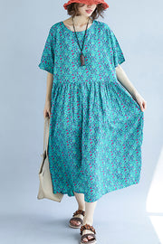 Lebhaft blau bedruckte Baumwoll-Leinen-Kleidung, feines Design, O-Ausschnitt, gerafftes Kaftan-Sommerkleid