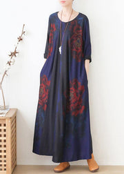 Vivid blue print dress o neck pockets Maxi fall Dress - bagstylebliss