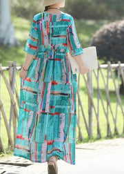 Vivid blue print linen Long Shirts Korea Sewing o neck Plus Size Clothing summer Dress - bagstylebliss