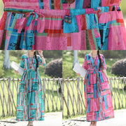 Vivid blue print linen Long Shirts Korea Sewing o neck Plus Size Clothing summer Dress - bagstylebliss