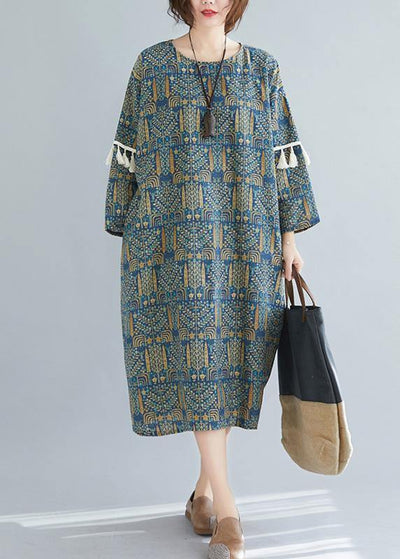 Vivid blue print linen clothes o neck tassel long spring Dresses - bagstylebliss