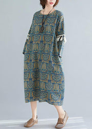 Vivid blue print linen clothes o neck tassel long spring Dresses - bagstylebliss