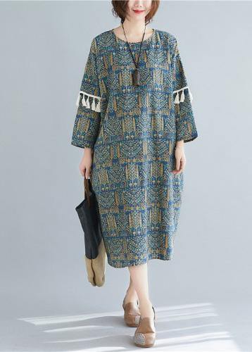 Vivid blue print linen clothes o neck tassel long spring Dresses - bagstylebliss