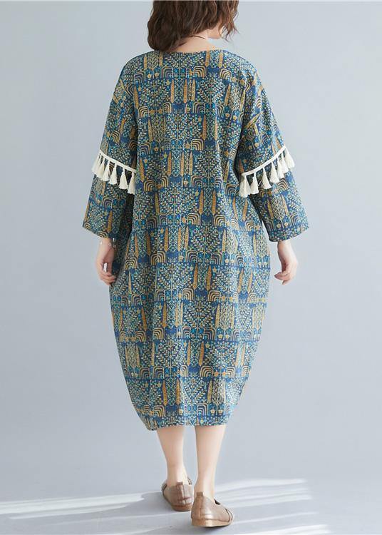 Vivid blue print linen clothes o neck tassel long spring Dresses - bagstylebliss