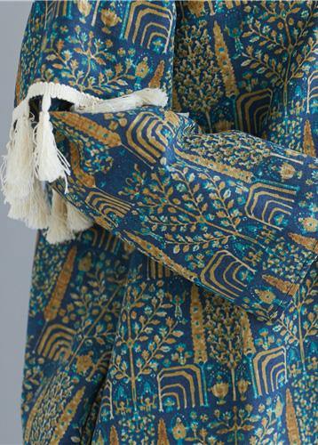 Vivid blue print linen clothes o neck tassel long spring Dresses - bagstylebliss