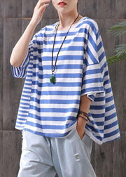 Vivid blue striped cotton Shirts Batwing Sleeve Plus Size top - bagstylebliss