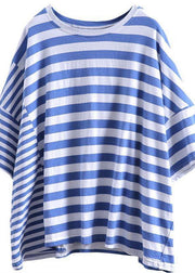 Vivid blue striped cotton Shirts Batwing Sleeve Plus Size top - bagstylebliss