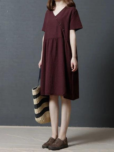 Vivid burgundy plaid linen cotton clothes For Women v neck Cinched daily Dresses - bagstylebliss