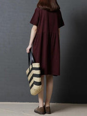 Vivid burgundy plaid linen cotton clothes For Women v neck Cinched daily Dresses - bagstylebliss