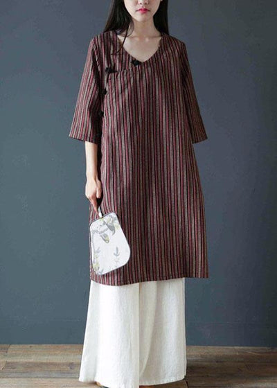 Vivid chocolate striped Cotton dress v neck Dress - bagstylebliss