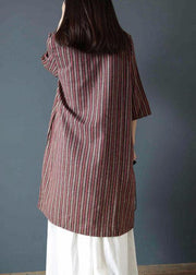 Vivid chocolate striped Cotton dress v neck Dress - bagstylebliss