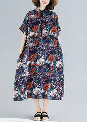 Vivid dark blue print cotton linen outfit stand collar pockets summer Dresses - bagstylebliss