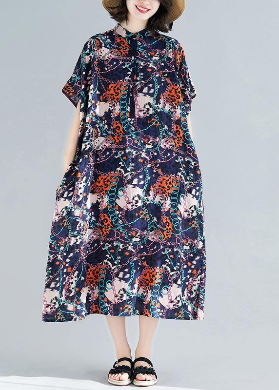 Vivid dark blue print cotton linen outfit stand collar pockets summer Dresses - bagstylebliss