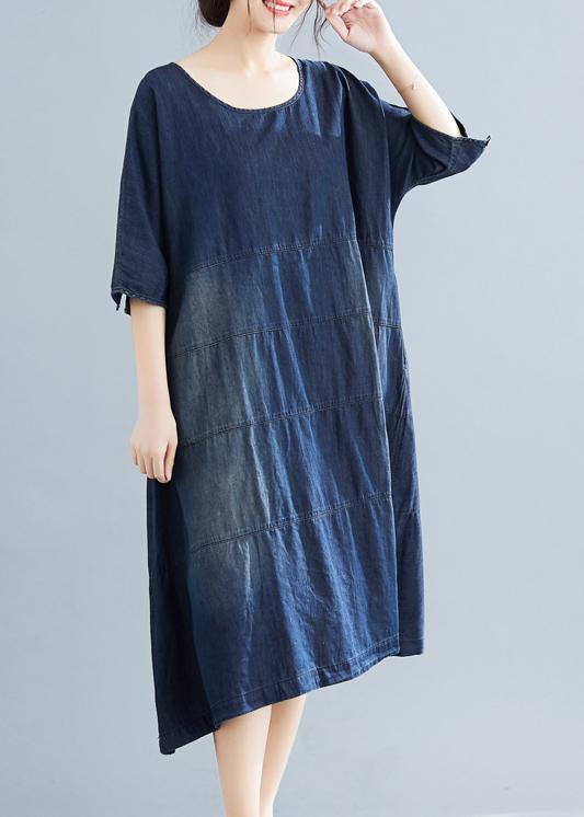 Vivid denim blue cotton quilting dresses Boho Fabrics o neck Kaftan summer Dresses - bagstylebliss