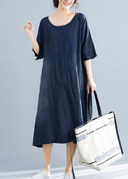 Vivid denim blue cotton quilting dresses Boho Fabrics o neck Kaftan summer Dresses - bagstylebliss