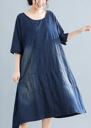 Vivid denim blue cotton quilting dresses Boho Fabrics o neck Kaftan summer Dresses - bagstylebliss