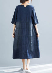 Vivid denim blue cotton quilting dresses Boho Fabrics o neck Kaftan summer Dresses - bagstylebliss