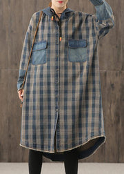 Vivid denim blue plaid Tunic hooded Button Down Plus Size Dress - bagstylebliss