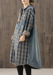 Vivid denim blue plaid Tunic hooded Button Down Plus Size Dress - bagstylebliss