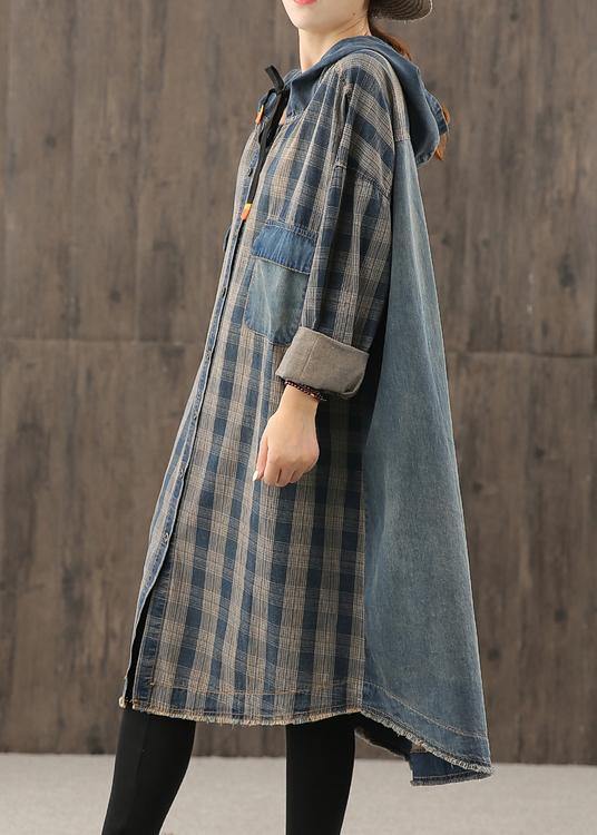 Vivid denim blue plaid Tunic hooded Button Down Plus Size Dress - bagstylebliss