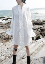 Vivid flare sleeve cotton ruffles Tunics Work white stand collar Art shirt Dress - bagstylebliss