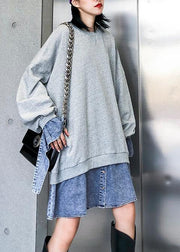 Vivid gray Cotton dress patchwork false two pieces Art Dress - bagstylebliss