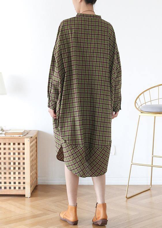 Vivid green plaid quilting clothes pockets Plus Size fall Dress - bagstylebliss
